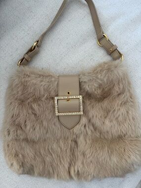 Beige Rabbit Fur Shoulder Bag with Crystal Buckle